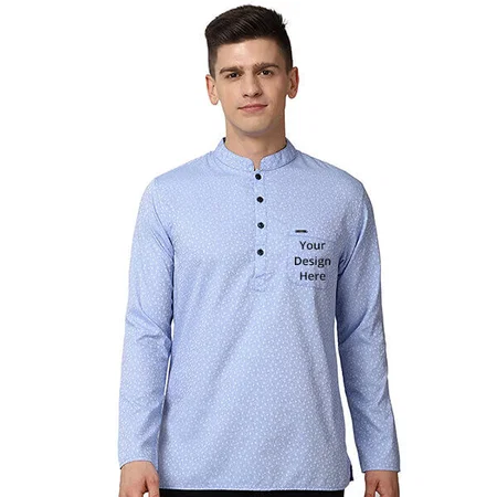 Light Blue Customized Peter England Men's Cotton Blend Regular Kurta Shirt
