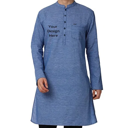 Blue Customized Men's Cotton Blend Regular Kurta Shirt