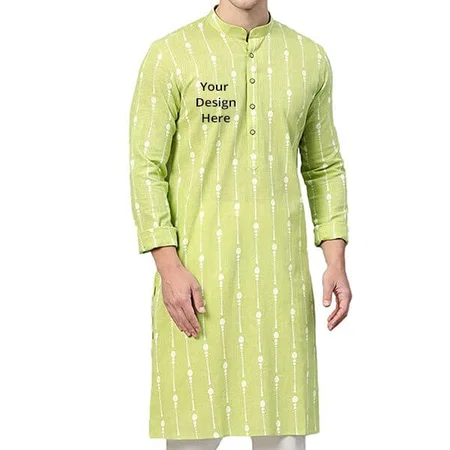 Lime Green Customized Cotton Regular Men's Kurta