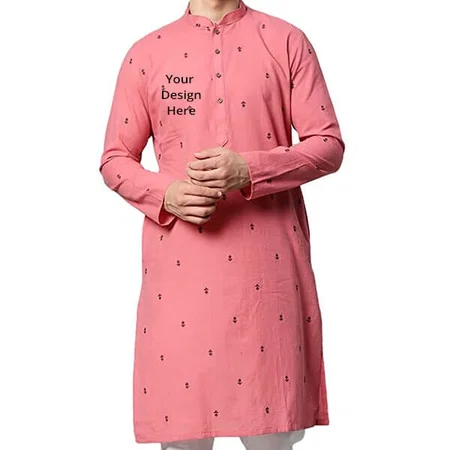 Pink Customized Men's Kurta, Round Neck Full Sleeves Blended Cotton Kurta