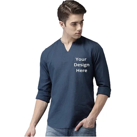 Navy Blue Customized Men Cotton Linen Solid Straight Kurta