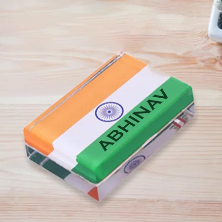 Multicolor Customized Tricolor Indian Flag Acrylic Paper Weight for Office Table (Size - 3x2 Inches)