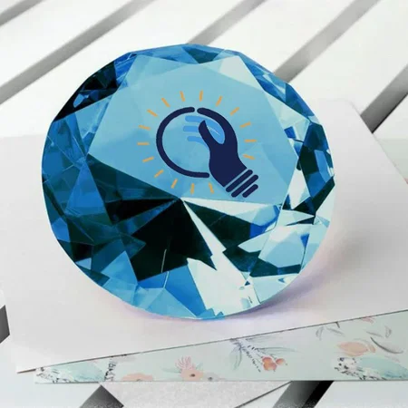 Light Blue Customized Diamond Shaped Crystal Glass Paper Weight (Size - 3 Inch)