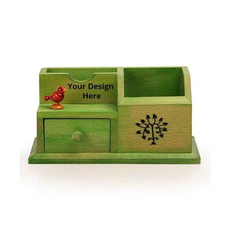 Green Customized Office Table Top Pen Stand Card Holder Cum Desk Organizer (20.6 cm x 9.9 cm x 9.7 cm)