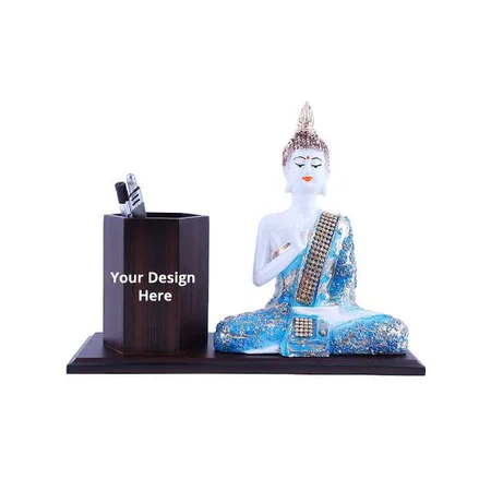 Blue Customized Wooden Pen Stand Holder with Buddha Statue for Home and Office Decor