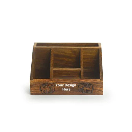 Brown Customized Hand Carved Stationery Cum Cutlery Holder in Sheesham Wood -Pen Holder for Office