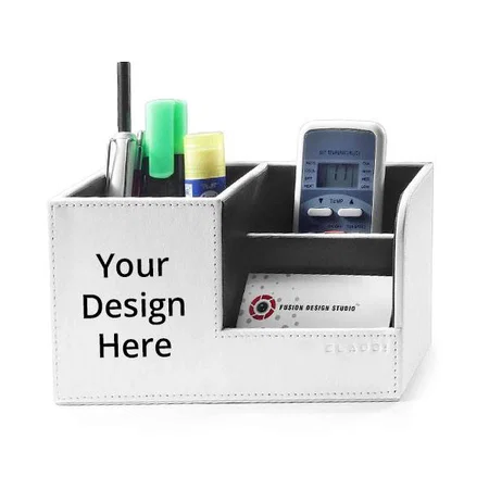 White Customized Compact Desk Organiser Faux Leather Rectangular Stylish Design