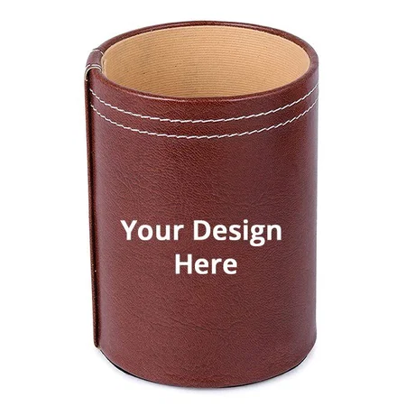 Brown Customized Leather Pen Holder For Office Table Stylish Round Pen Pencil Holder Desk Organizer Multipurpose Pen Stand Holder (3x3x4 Inches)