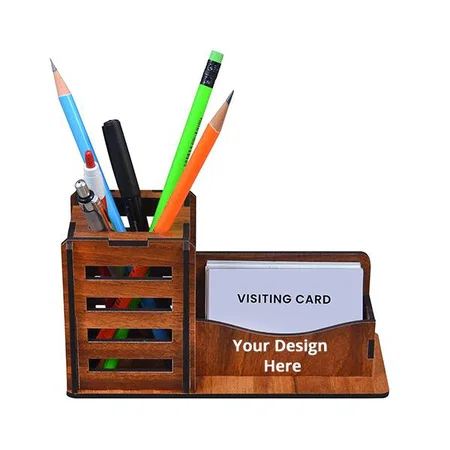 Brown Customized Pen Stand With Visiting Card Holder Desk Organizer Pen And Pencil Stand For Office Table With Business Card Holder Box | Office Stationery Item Made With Wood
