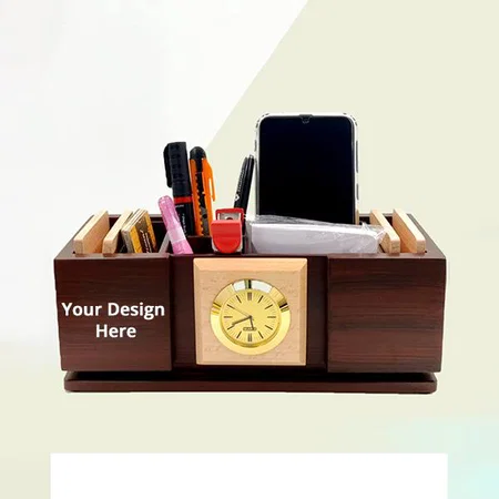 Brown Customized Wooden Pen Stand with Clock for Office Table &amp; Study Table, Wooden Pen Holder with Clock &amp; Coaster Plates