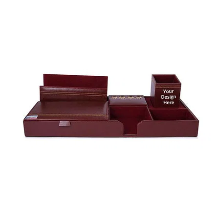 Brown Customized Genuine Leather Multipurpose Desk Organizer Stylish Pen Stand With Mobile Cum Remote Stand With Memo Pad Holder (16x7 Inches)