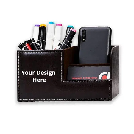 Brown Customized Leather Desk Supplies Organizer, Multi-Functional Pen, Pencil Desktop Stationery Organiser