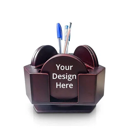 Brown Customized 6-Pc Cup Coaster &amp; Revolving Pen Stand Holder Desk Organizer for Home &amp; Office Study Tables