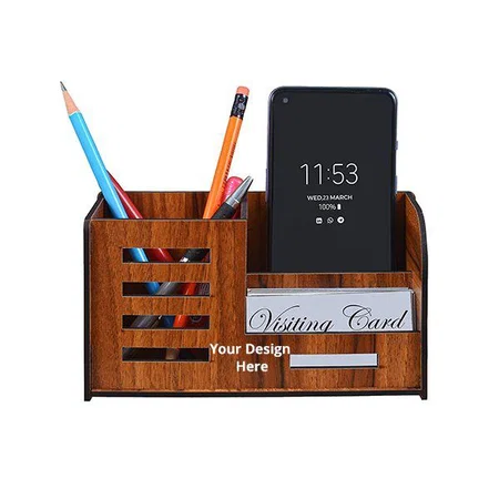 Brown Customized Pen Holder for Table  | Wooden Pen Stand With Mobile and Visiting Card Holder for Office Desk and Study Table