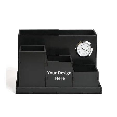 Black Customized Wooden Desk Organizer With Clock, 4 Compartments With Proper Storage Box For All Stationary Items, Unique Corporate Gifts