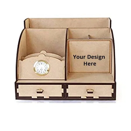 Multi-Color Customized Wooden Handicrafts Pen Stand And Card Holder With Round Shape Analog Watch For Office Stationary Desk