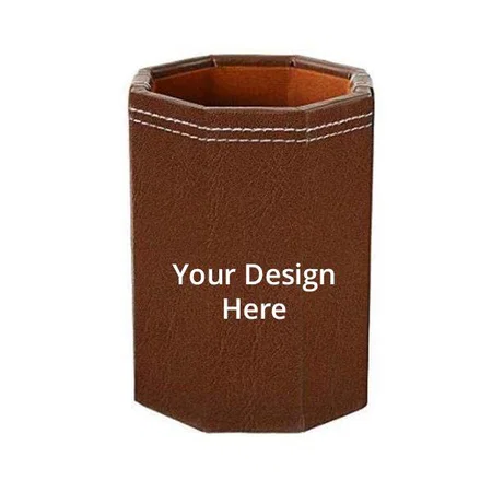 Tan Brown Customized Leather Pen Stand, Hexagonal Pen Pencil Holders, Stylish Desk Organizer for Office Study Table, Pen Tumbler for Reception Desk, Visitor Desk Table Accessories