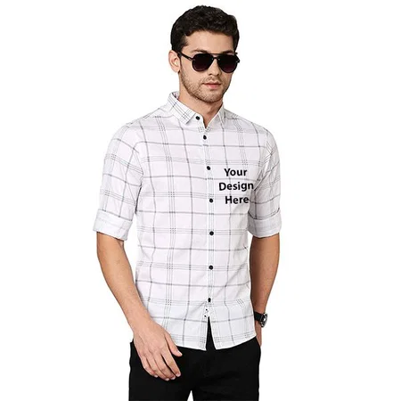 White Customized Men's Checkered Slim Fit Cotton Casual Shirt