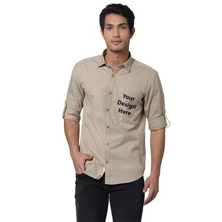 Beige Customized Solid Cotton Slim Fit Men's Shirt