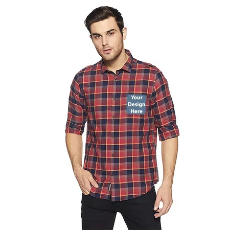 Orange Customized Men's Checkered Slim Fit Casual Shirt