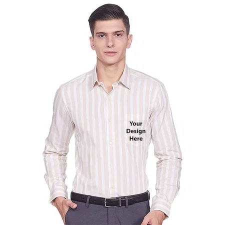 Peach And White Customized Men's Striped Regular Shirt
