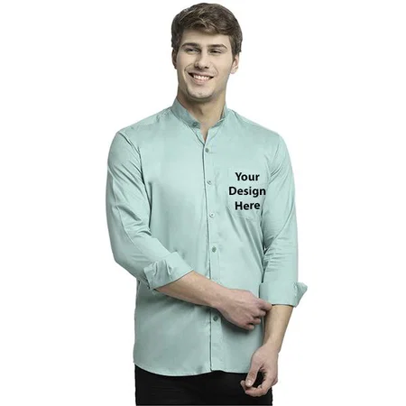 Blue Customized Shirts With Band Collar Royal Satin 100% Cotton For Men