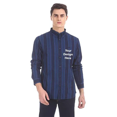 Navy Customized Men Vertical Stripe Button Down Collar Shirt