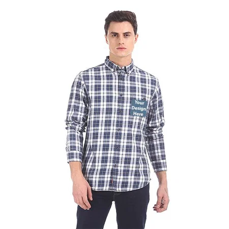 Navy Customized Men Button Down Collar Check Cotton Shirt