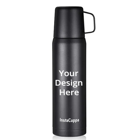 Black Customized Thermos Flask with Stainless Steel Mug and Twist Pour Stopper Screw Lid, Double Walled Vacuum Insulated Beverage Bottle (1 Litre)