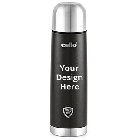 Black Customized Cello Duro Tuff Flip Double Walled Stainless Steel Water Bottle with Durable DTP Coating and Thermal Jacket, (500 ml)