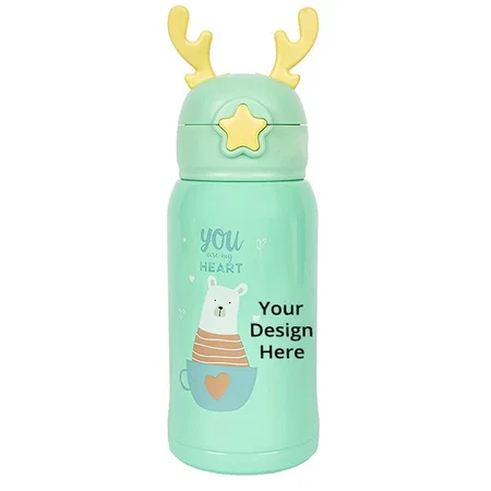 Green Customized Thermos Steel Bottle for Kids with Sling Pouch (300 ml)