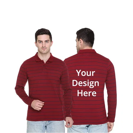Maroon with Black Line Customized Cotton Polo Neck Full Sleeve Mens T-Shirt with Pocket