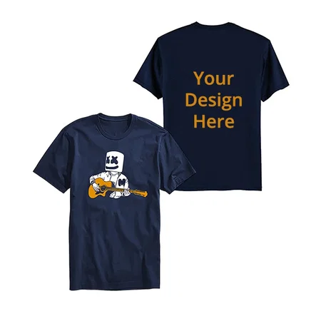 Navy Blue Customized Boy with Guitar Design Graphic Printed T-Shirt