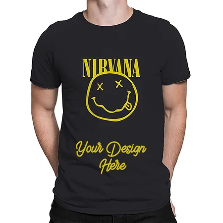 Black Customized Men's Cotton Round Neck Nirvana Graphic Printed T-Shirt