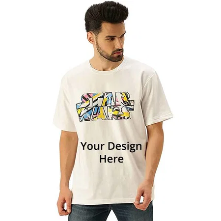 White Customized Pure Cotton Star Wars Graphic Printed Oversized Loose Baggy Half Sleeves Round Neck T-Shirt for Men