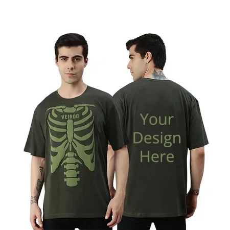 Olive Green Customized Oversized Loose Fit, Drop Shoulder, Baggy Fit, Round Neck Printed T-Shirt