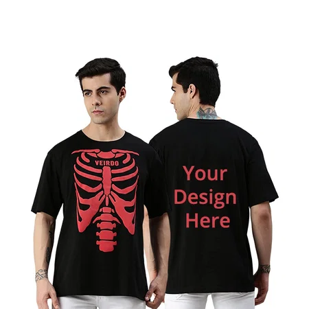 Black Customized Oversized Loose Fit, Drop Shoulder, Baggy Fit, Round Neck Olive Skeleton Printed T-Shirt for Men