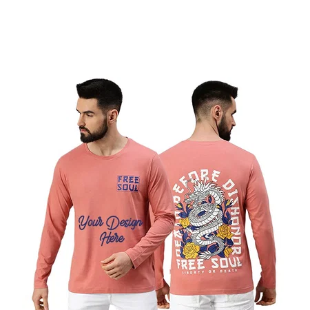 Peach Customized Graphic Printed Cotton Regular Fit Full-Sleeves T-Shirt for Men