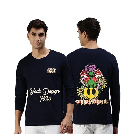Navy Blue Customized Pure Cotton Full Sleeves Round Neck Cool &amp; Stylish Graphic Printed T-Shirt for Men