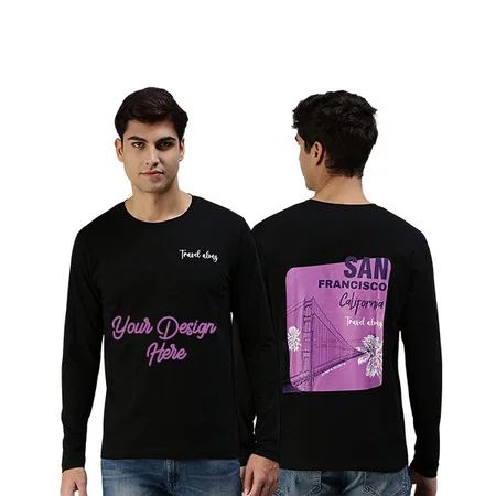 Black Customized Pure Cotton Full Sleeves Round Neck Cool &amp; Stylish Travel Graphic Printed T-Shirt for Men