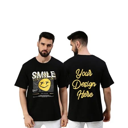 Black Customized Pure Cotton Oversized Loose Baggy Fit Drop Shoulder Round Neck Half Sleeve Cool Smile Graphic Printed T-Shirt for Men