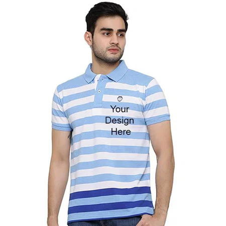 Blue Customized Men's Striped Polo Neck T-Shirt