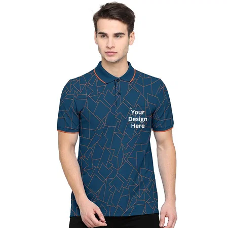 Blue Customized Men's Regular Fit Printed Cotton Polo T-Shirt