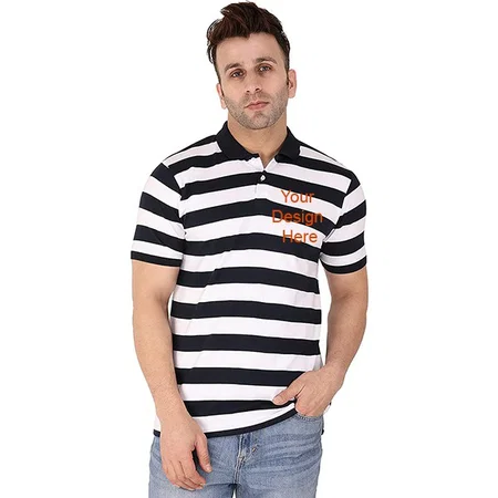 Black White Customized Men's Striped Regular Fit Polo T-Shirt