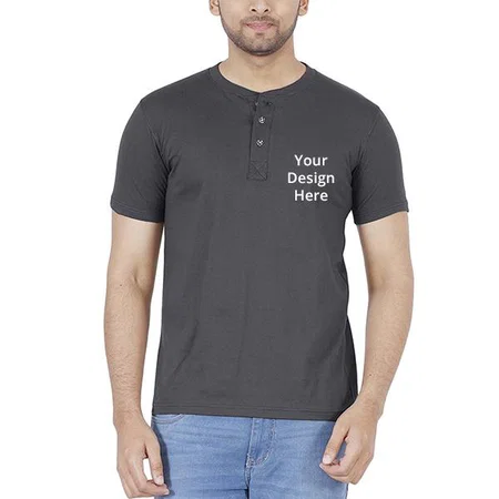 Steel Grey Customized Men's Cotton Henley Neck T-Shirt