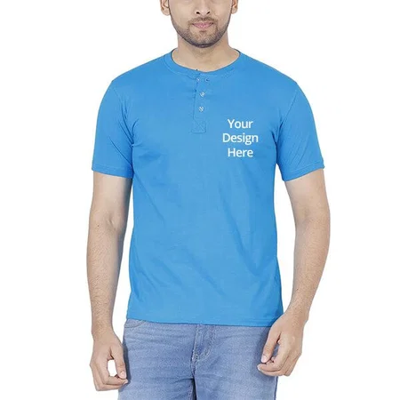 Blue Customized Men's Cotton Henley Neck T-Shirt
