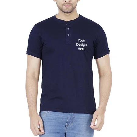 Navy Blue Customized Men's Cotton Henley Neck T-Shirt