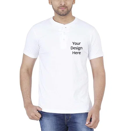 White Customized Men's Cotton Henley Neck T-Shirt