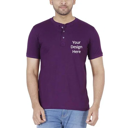 Purple Customized Men's Cotton Henley Neck T-Shirt