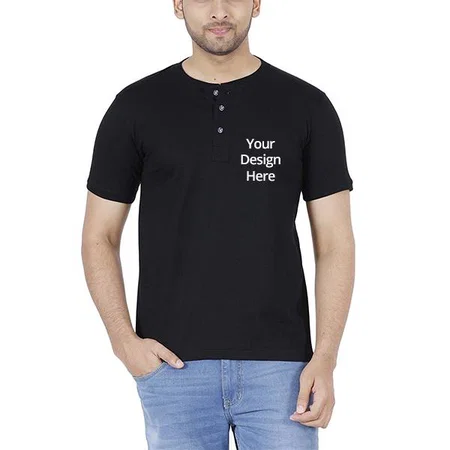 Black Customized Men's Cotton Henley Neck T-Shirt